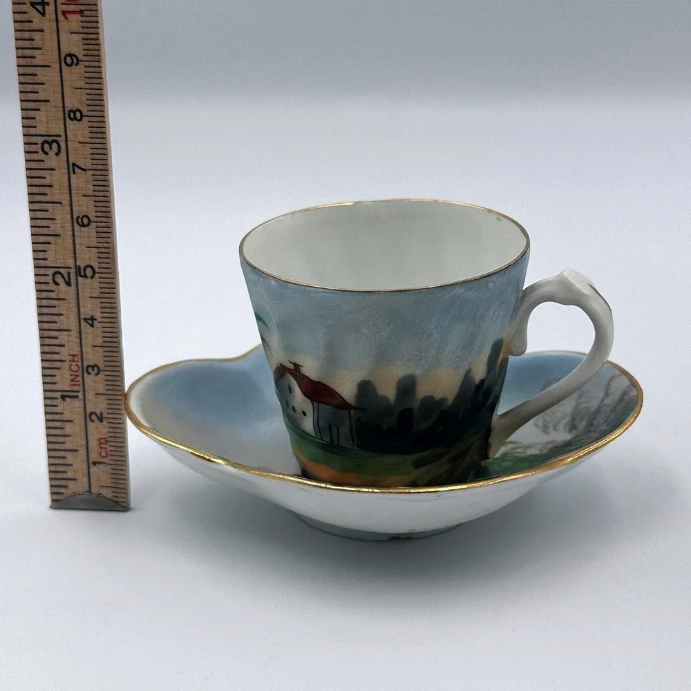 Vintage MCM Japanese‎ Landscape Porcelain Hand Decorated Teacup & Saucer